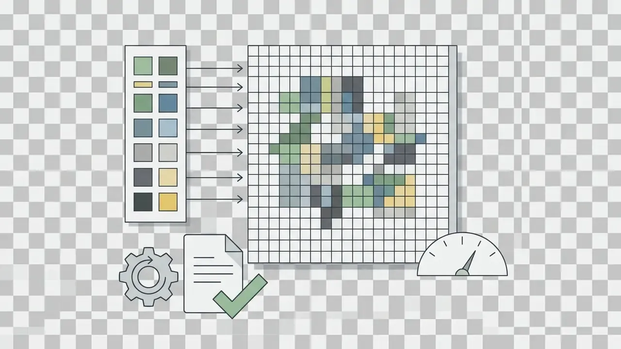 Color palette mapping to a grid with a gear, document, and gauge icon representing design constraints