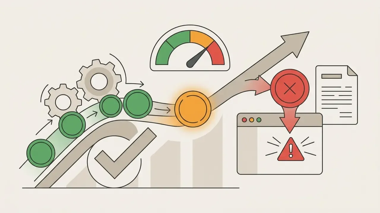 Flow of circular icons through gears leading to a split path showing successful progress and error alerts