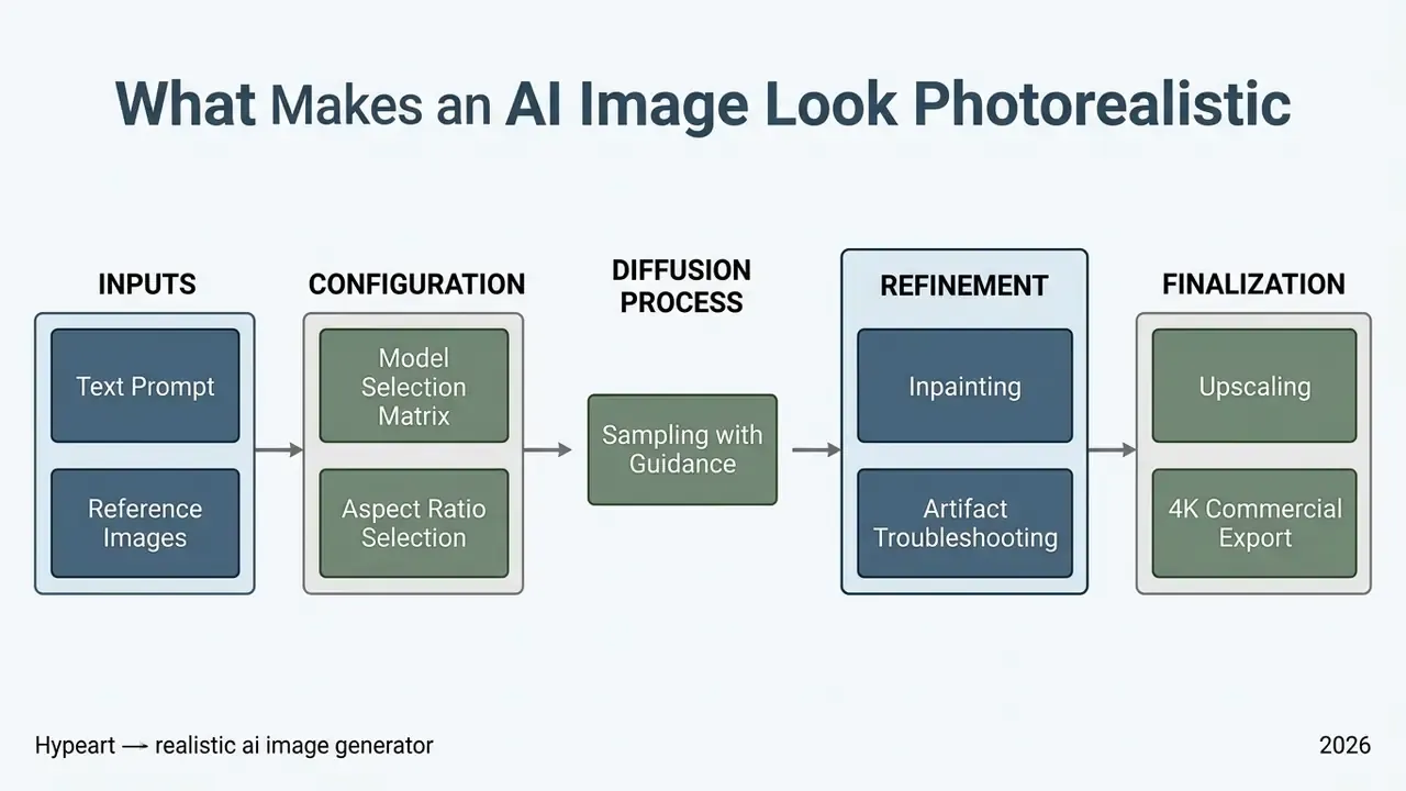 Sequential workflow diagram of a realistic ai image generator from input prompts to final 4K export