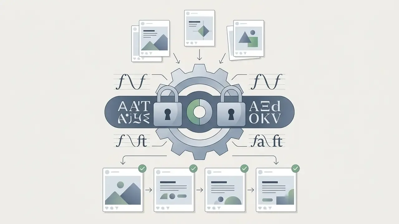 Gear mechanism with padlocks processing various typography styles into standardized social media posts