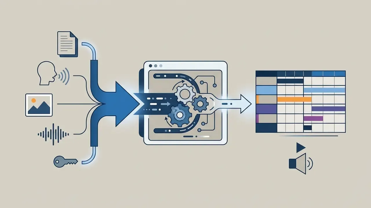 Diverse input icons feeding into a central processing unit that outputs a digital music arrangement grid