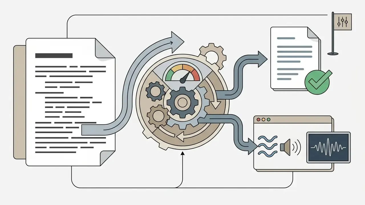 Text input feeding into a central gear mechanism that outputs both a verified file and audio narration