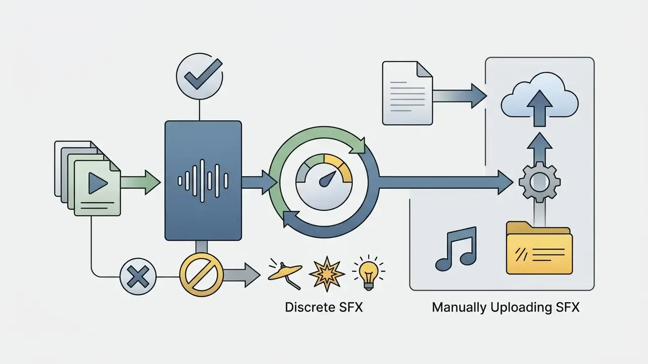 Diagram showing the workflow for integrating discrete sound effects into projects by manual file uploads