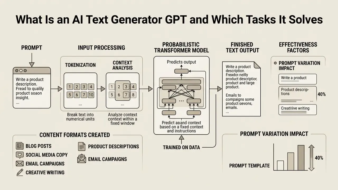 Flowchart showing how an AI text generator GPT processes prompts into finished content via transformer models