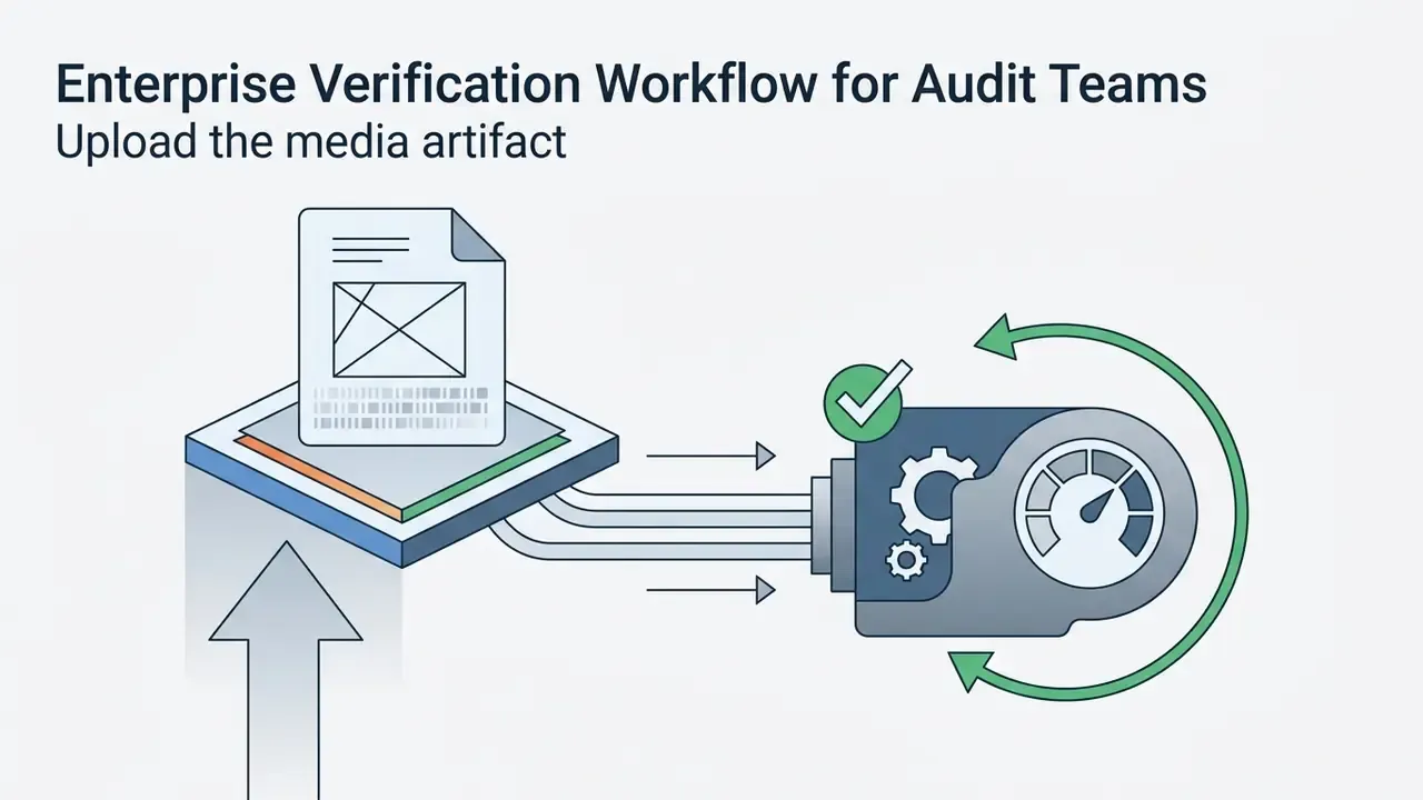 Media file being fed into a mechanical processing unit for SynthID verification and analysis