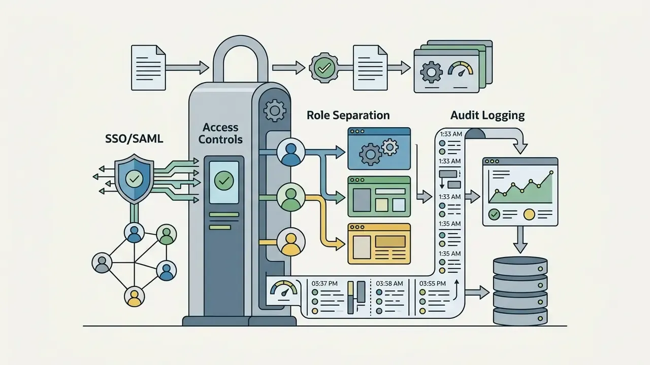 Central access control tower connecting user groups to interface roles and a time-stamped audit log system