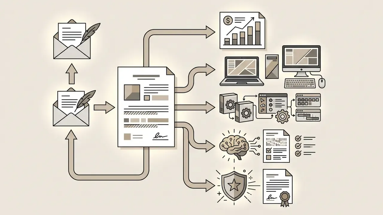 Envelopes and a central document connecting to icons for financial data, hardware, software, and policy
