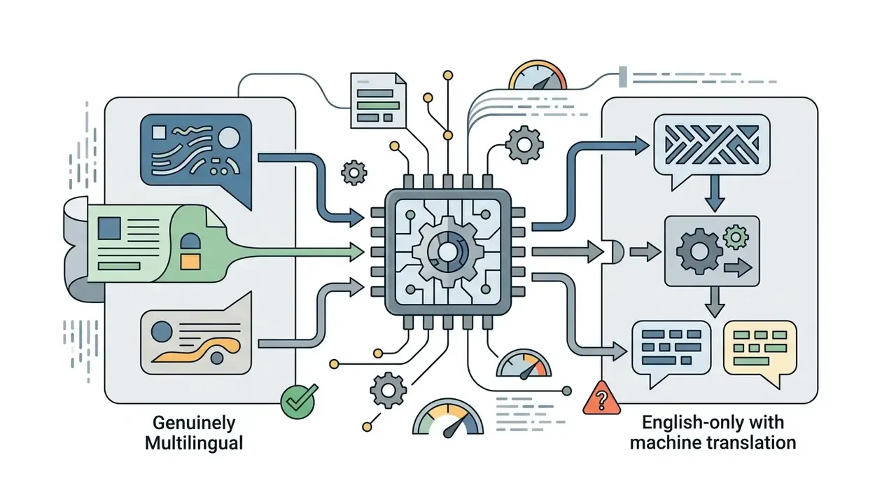 Processing unit comparing multilingual data inputs with English-only machine translation outputs