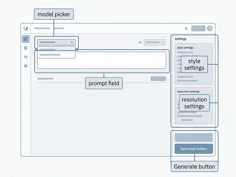 Annotated OpenArt workspace showing the model picker, prompt field, style settings, and generate button