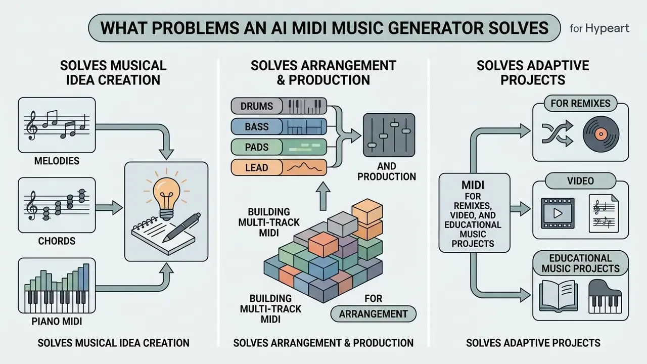 Infographic showing how an AI MIDI music generator assists with composition, multi-track production, and media projects