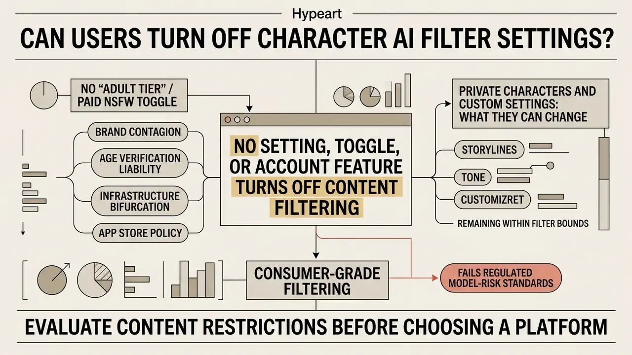 Infographic explaining that Character AI lacks a toggle to disable content filtering settings