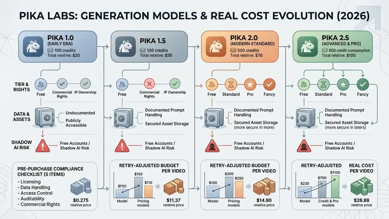 Timeline of Pika Labs model evolution detailing security, IP rights, and real cost per video generation