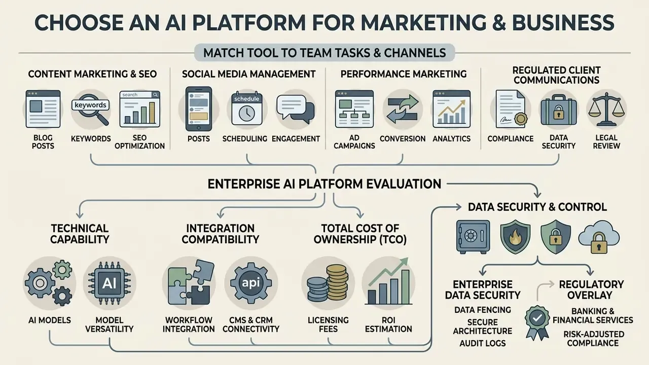 Infographic mapping marketing tasks and business criteria for evaluating enterprise software solutions