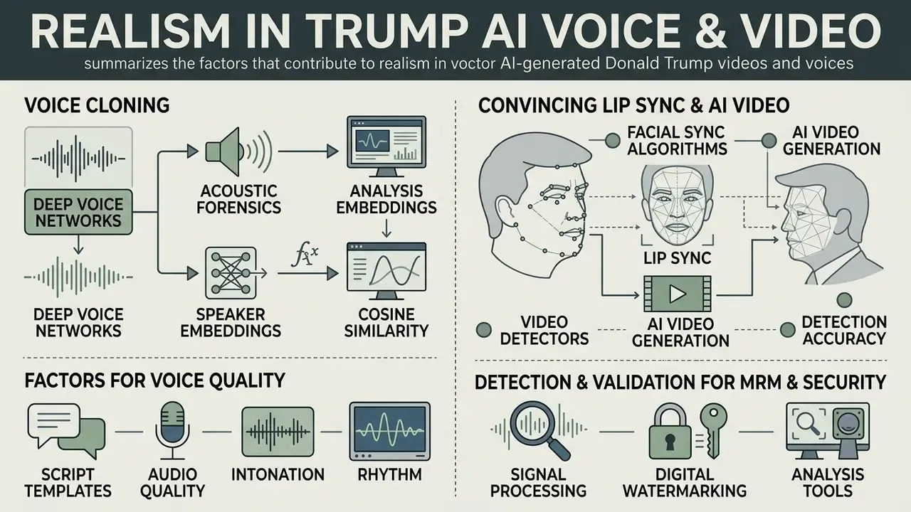 Diagram showing technical processes for voice cloning, lip sync, and detection methods for synthetic media