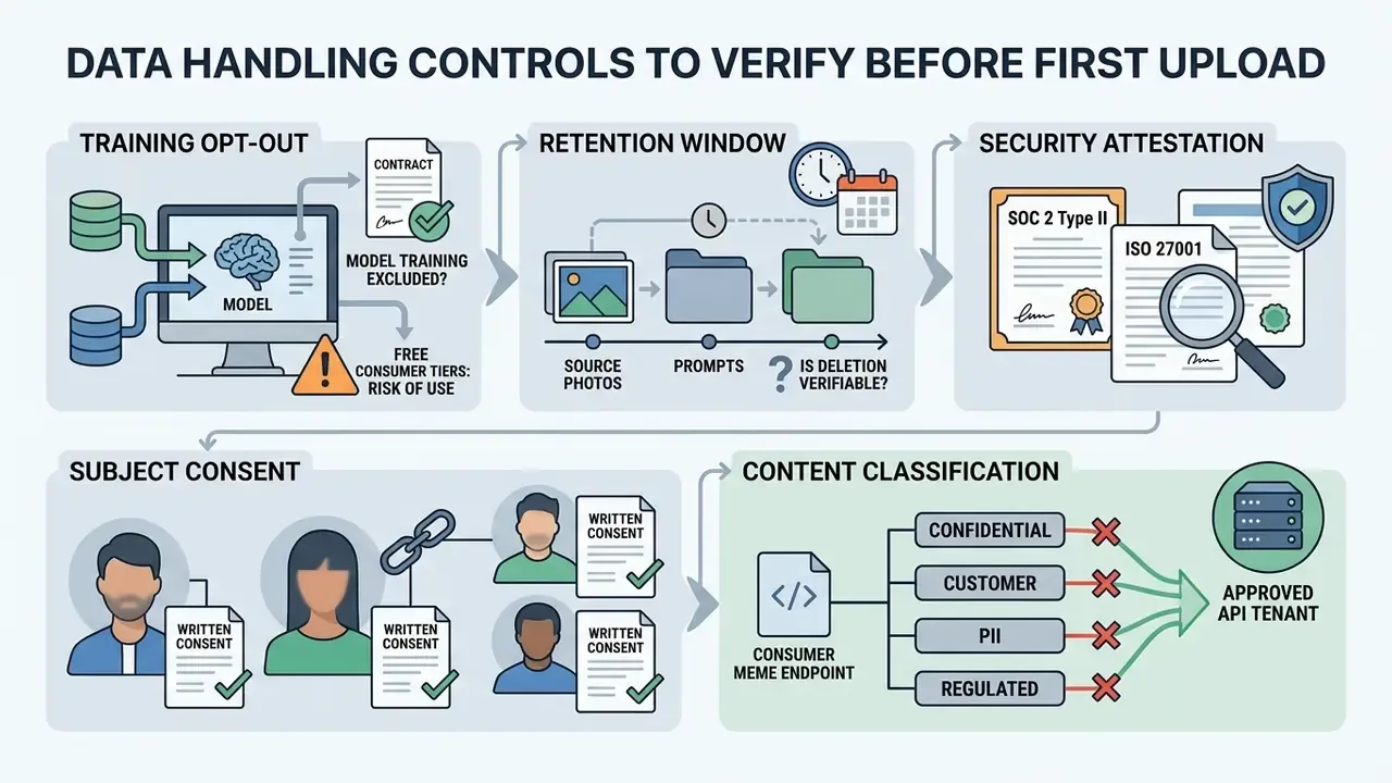 Flowchart outlining five critical data handling controls for verifying security before uploading files