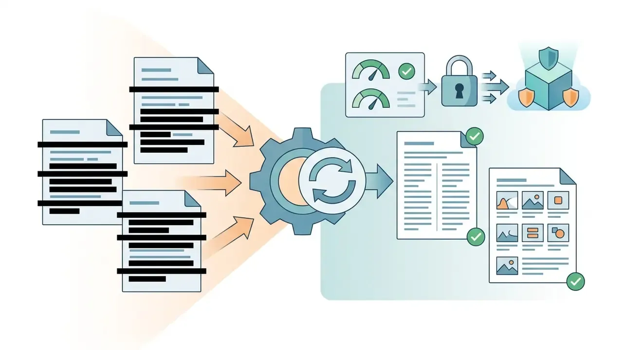 Redacted documents feeding into a gear mechanism that outputs protected files and verified data structures