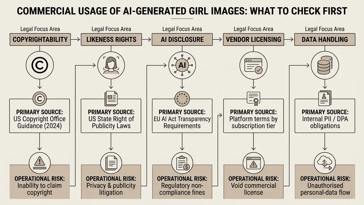 Sequential chart mapping legal focus areas and operational risks for ai art cute girl commercial usage
