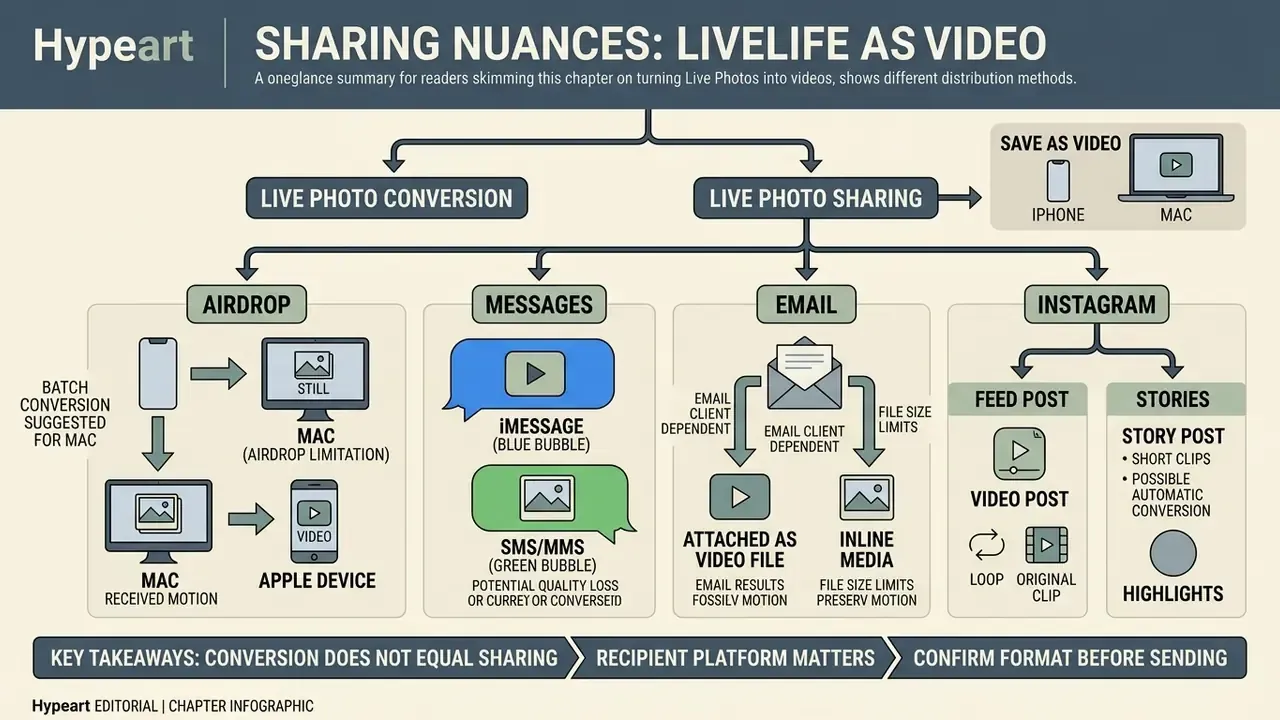 Flowchart detailing how different sharing methods like AirDrop, iMessage, Email, and Instagram affect Live Photos