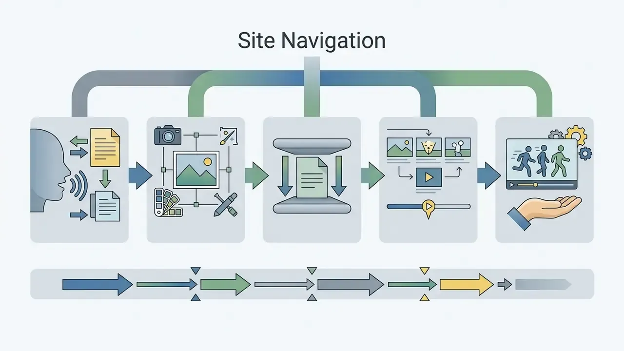 Sequential workflow diagram showing speech input, image editing, compression, and video production steps