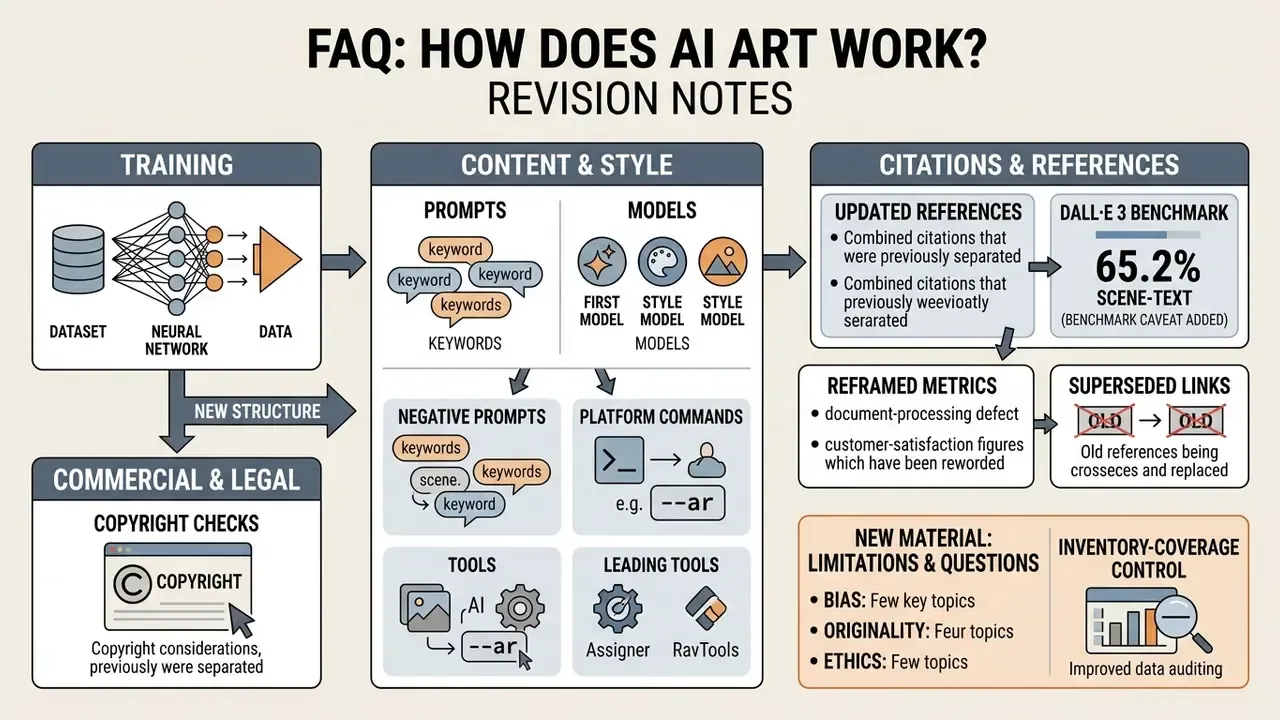 Diagram detailing editorial revisions to content about AI training, legal compliance, and benchmarks