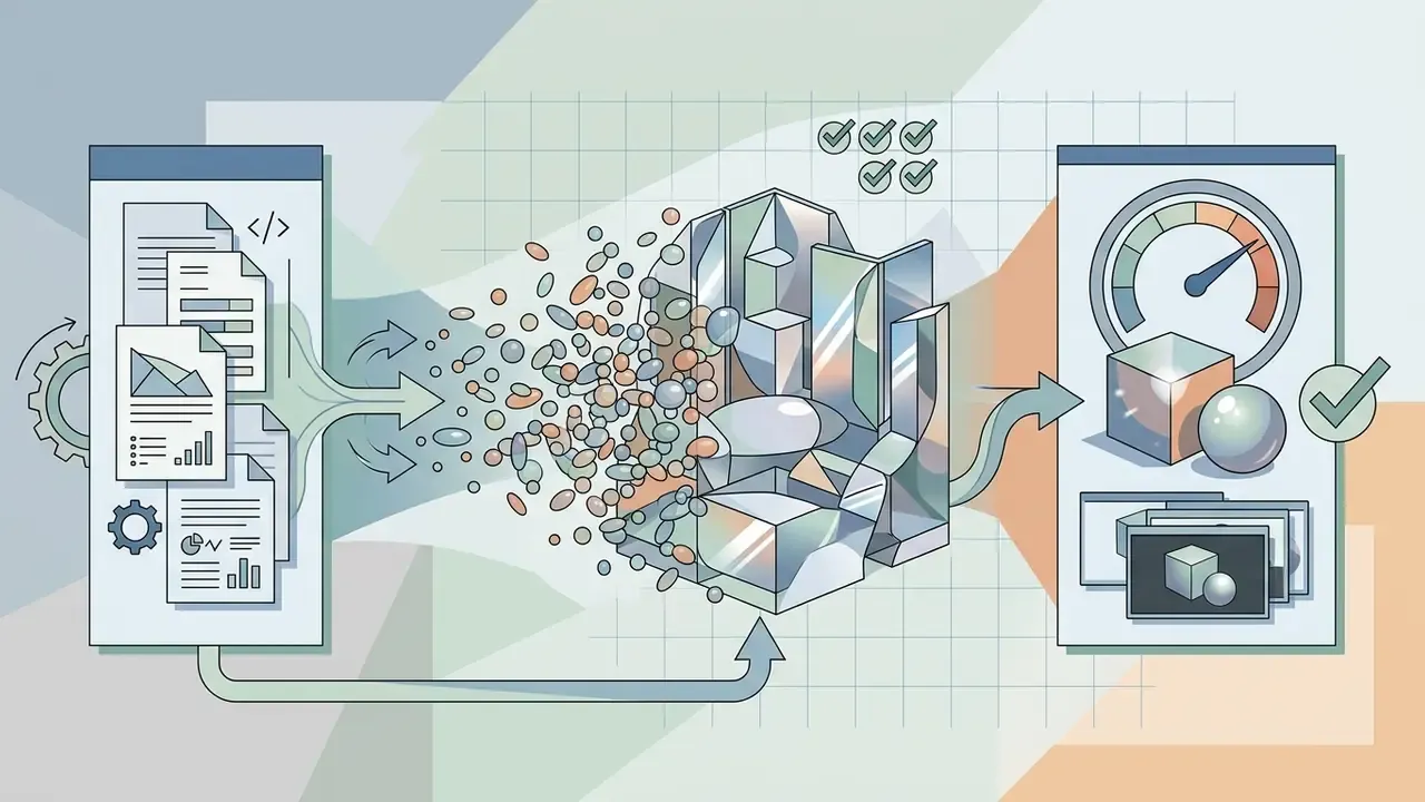 Data points transforming into a geometric 3D structure and rendering with performance metrics