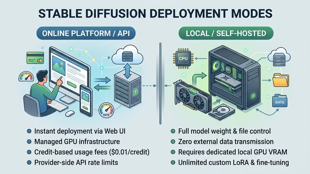 Comparison chart showing differences between cloud-based API access and local self-hosted Stable Diffusion