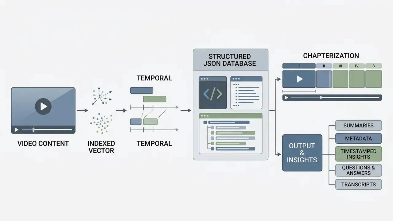 Flowchart showing video content moving through indexed vectors and temporal mapping into a JSON database