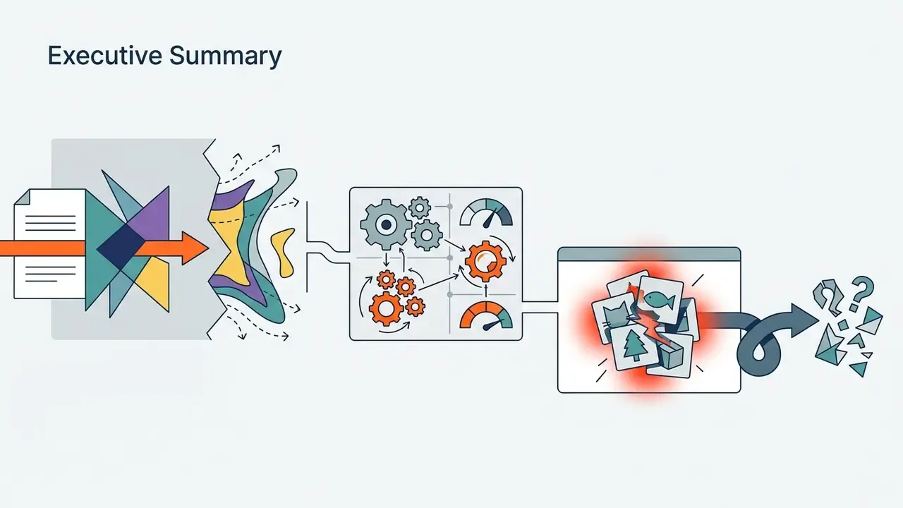 Diagram showing data passing through gears and gauges to produce fragmented and confused image outputs
