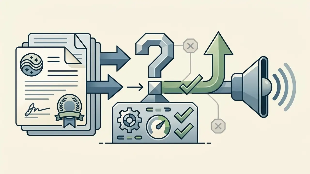 Legal document with a seal leading to a question mark and a speaker icon representing audio permissions
