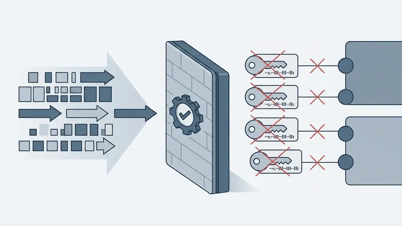 Data streams blocked by a firewall with a gear icon and revoked API keys connected to server nodes