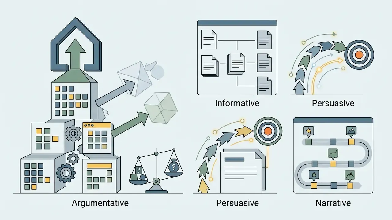 Icons representing argumentative, informative, persuasive, and narrative writing structures