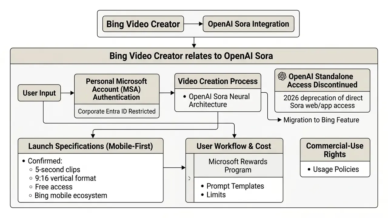 Flowchart detailing the Bing Video Creator integration with OpenAI Sora and its operational workflow
