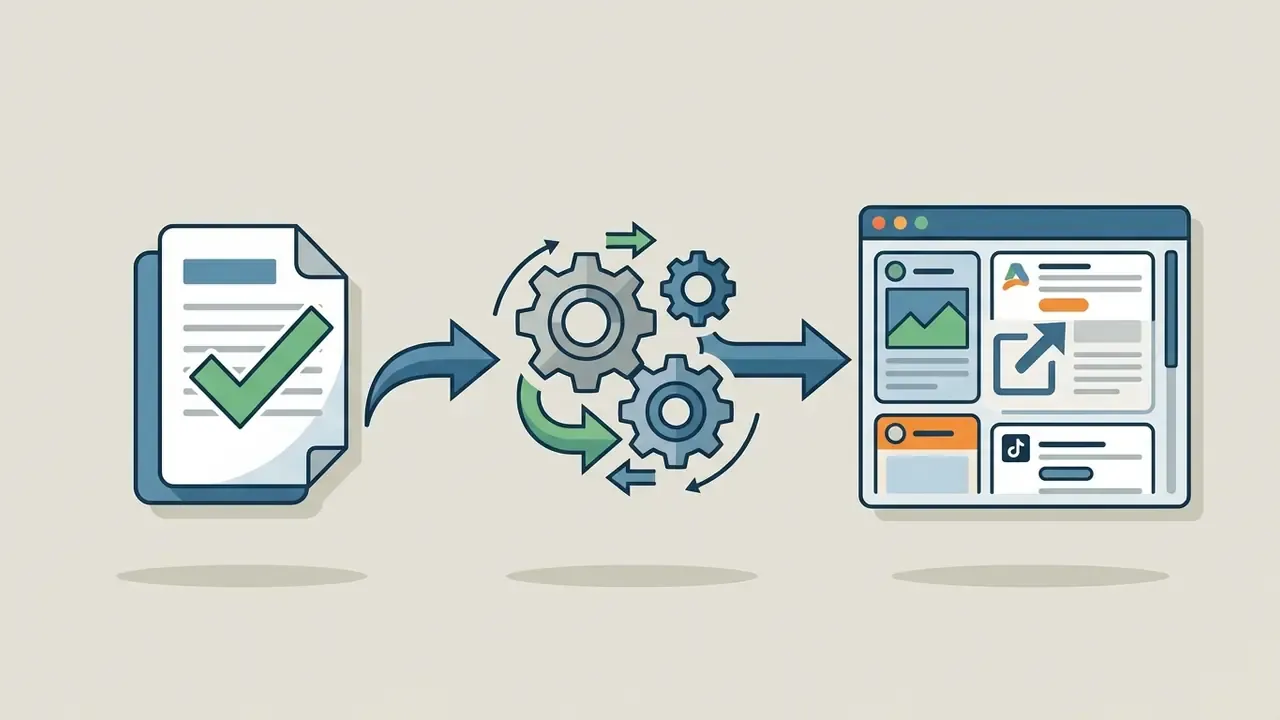 Document with a green checkmark passing through rotating gears to be exported into a social media dashboard