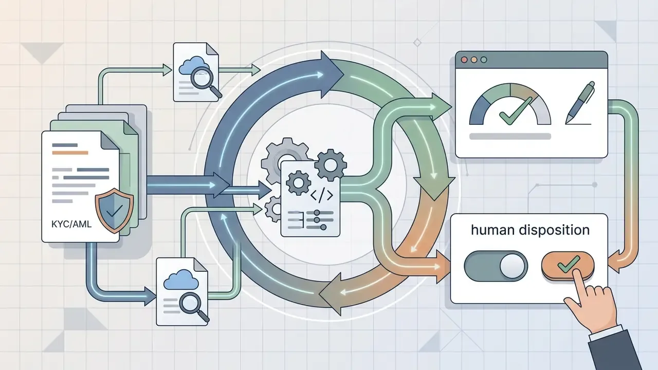 Documents and cloud files flow through a gear hub to generate status gauges and human disposition controls