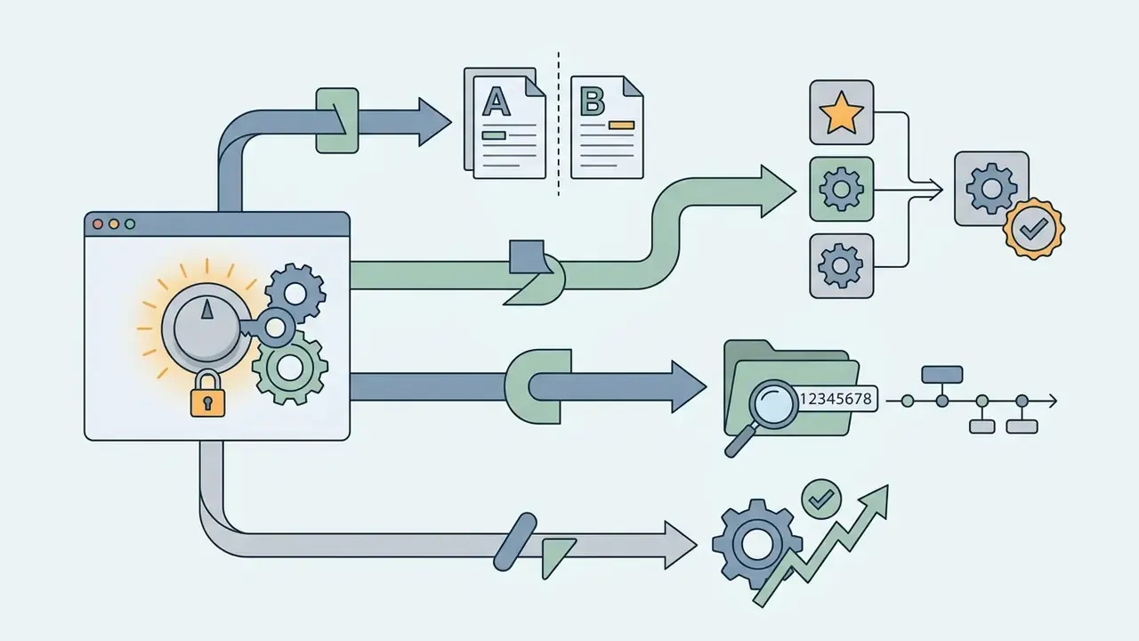 Central interface with a locked dial feeding data streams into document comparison and audit workflows