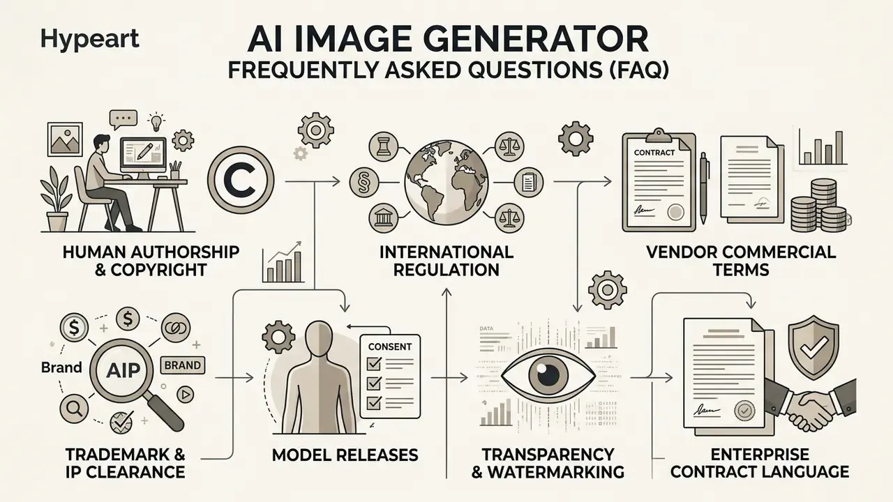 Flowchart outlining legal and commercial considerations for using an AI image generator