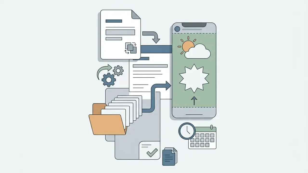 Template files and folders feeding into a mobile interface to create a seasonal social media story