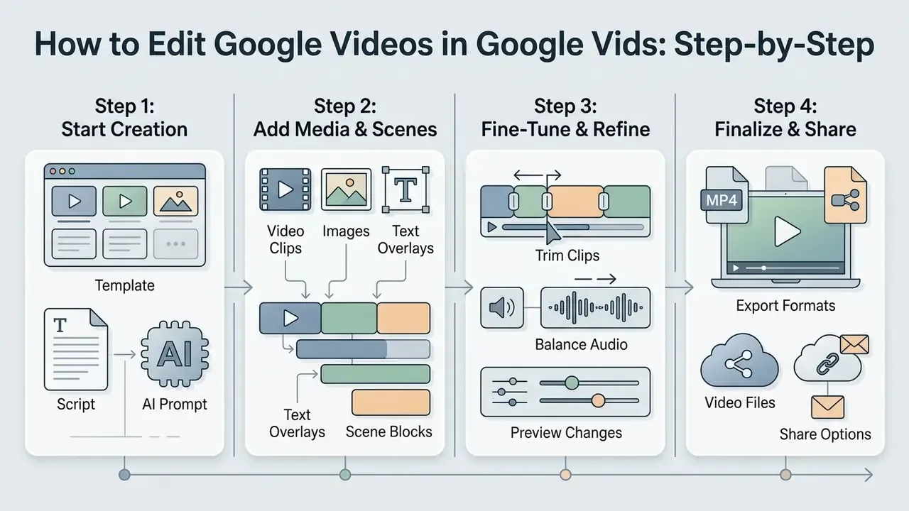 Four-step process for creating and editing projects in the Google video editor