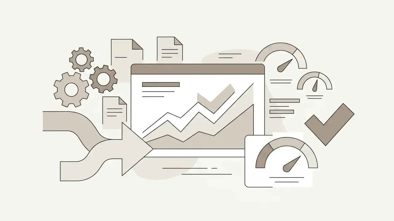Gears and documents connected to a chart, speedometers, and a checkmark icon representing data analysis