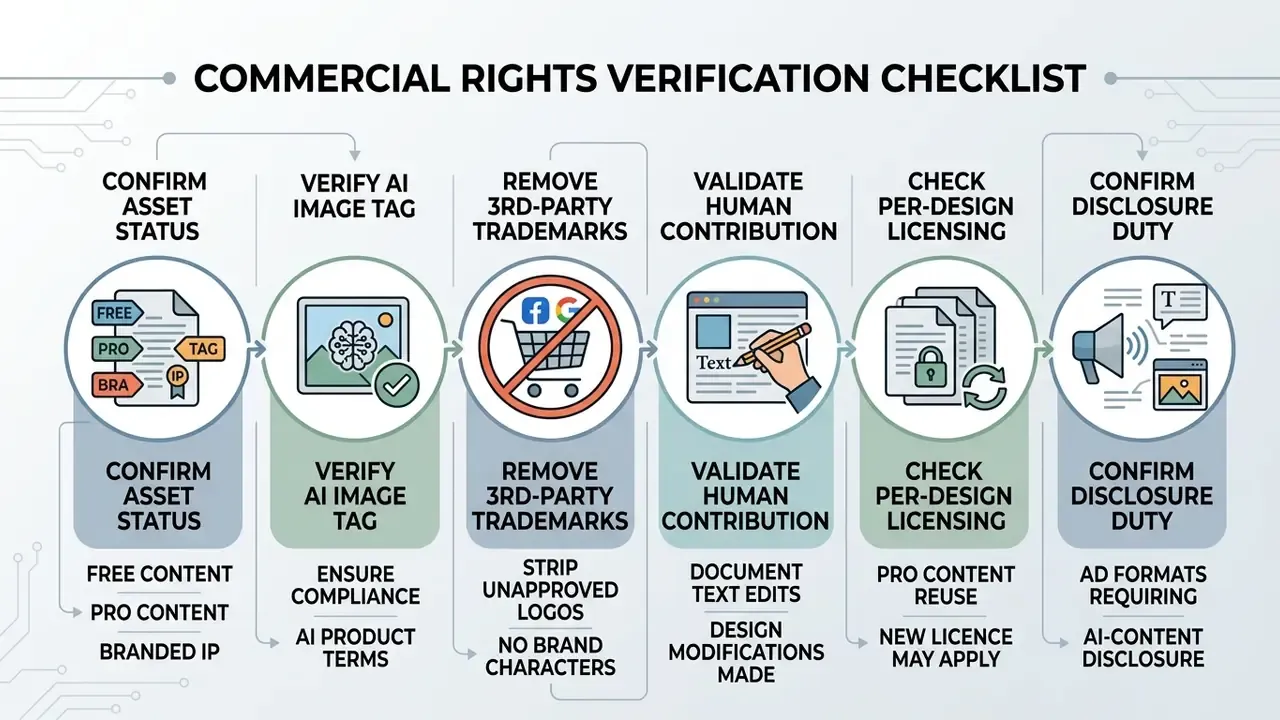 Six sequential steps for verifying commercial rights including asset status, AI tags, and license checks
