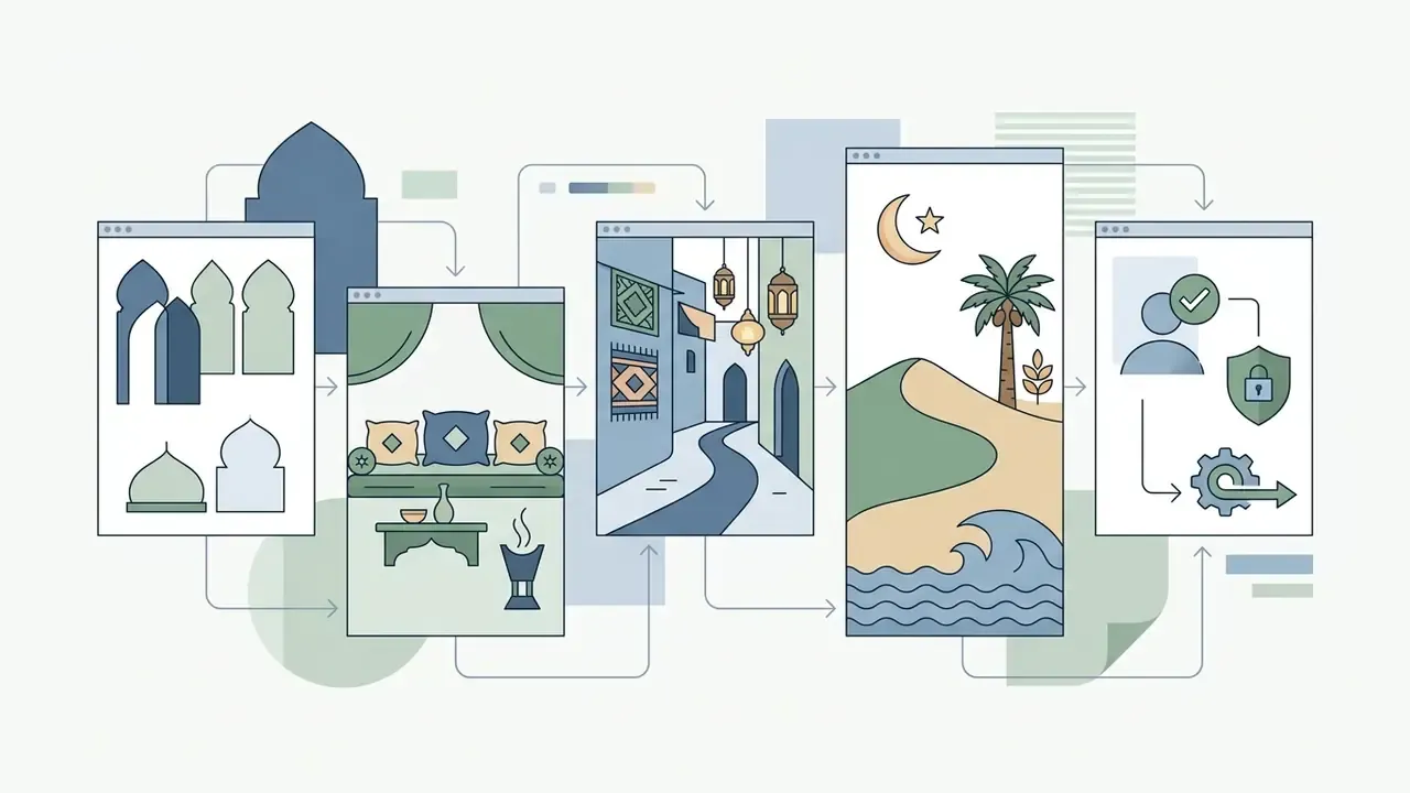 Sequence of windows showing cultural motifs like architecture, majlis, souq, and landscapes for video design