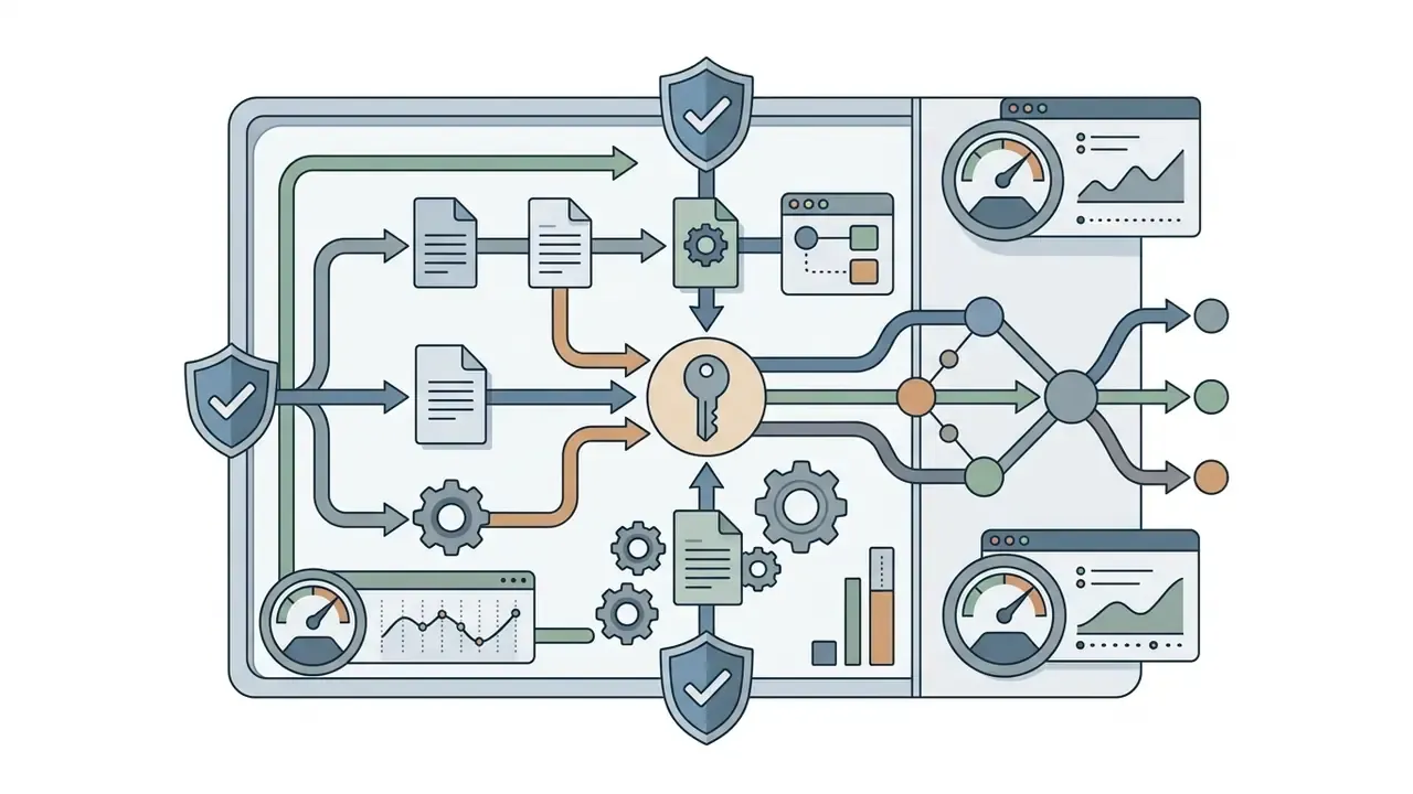 System architecture showing data documents and gear icons converging on a central API key for processing
