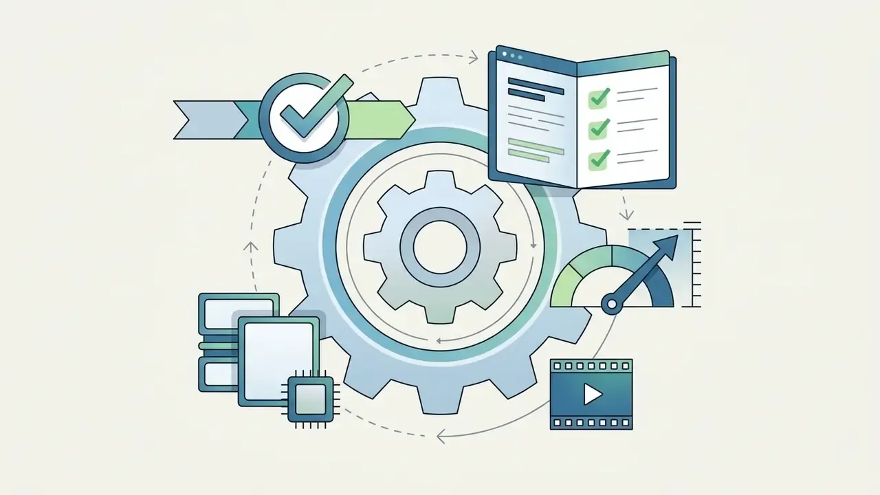 Central gear icon surrounded by icons for hardware requirements, checklist compliance, and video export speed