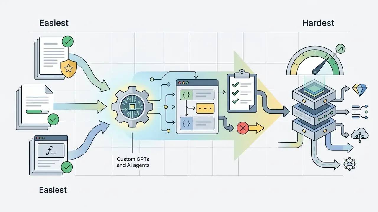 Documents and code inputs processing through AI agents to reach a complex server infrastructure