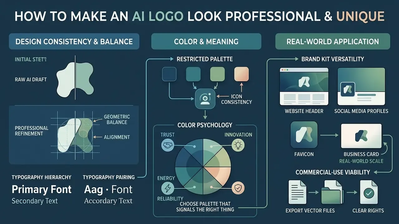 Infographic detailing design principles for refining brand logos through consistency and color psychology