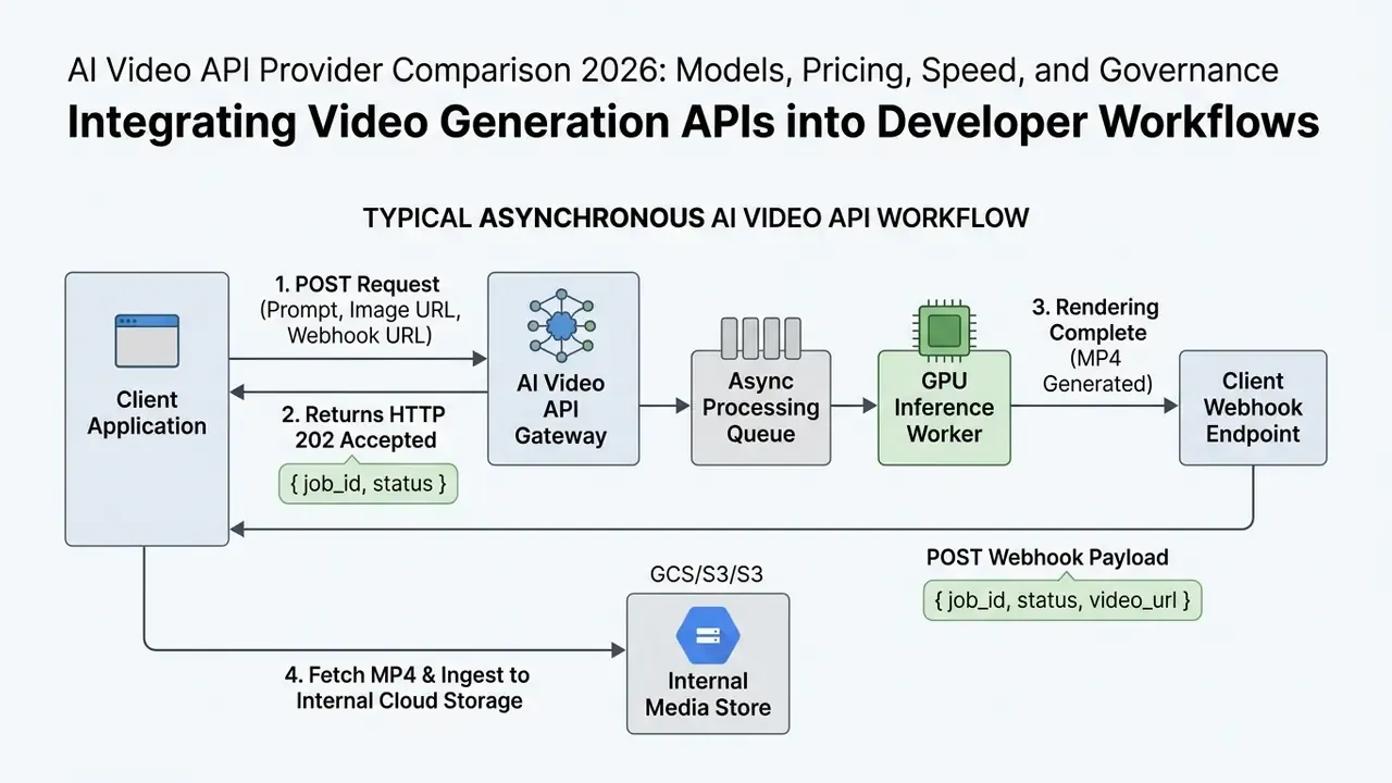 Flowchart illustrating an asynchronous AI Video API request process from client to cloud storage