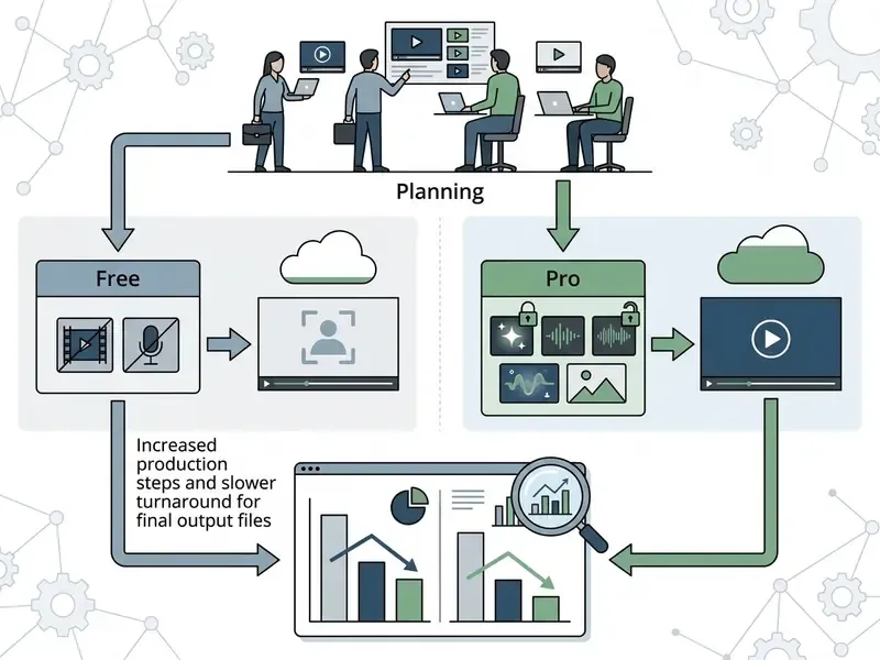 Workflow comparing Free and Pro video editing tools through team planning and production efficiency analysis
