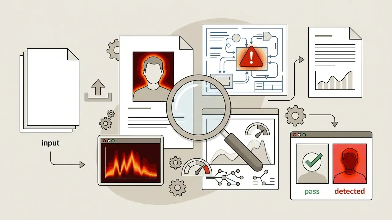Magnifying glass analyzing documents and images to produce a pass or detected status report