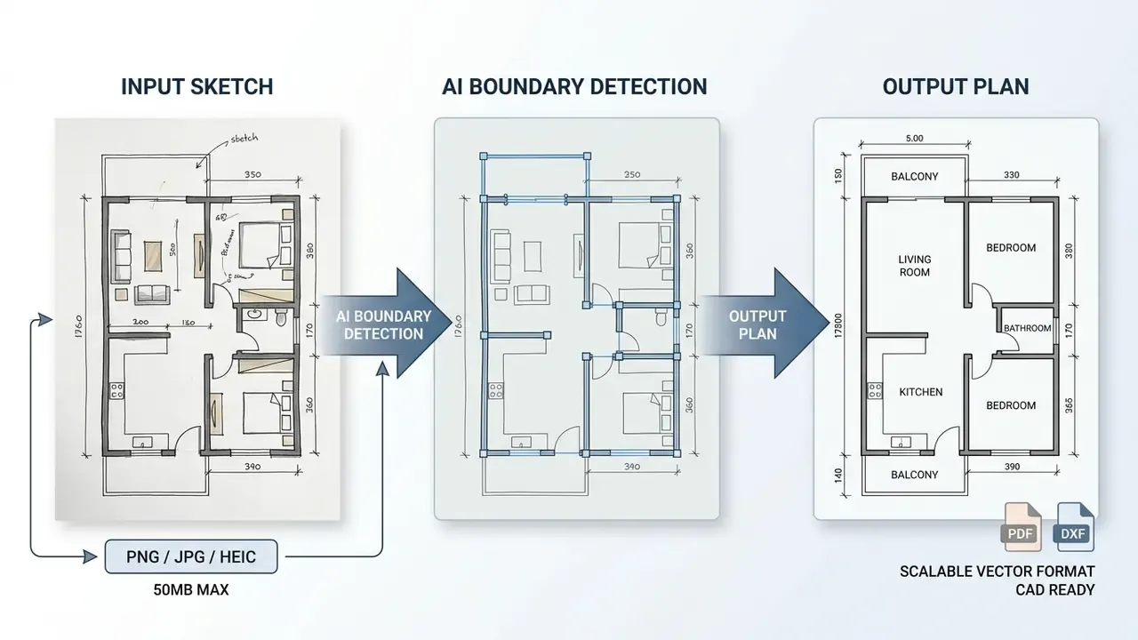 Three-step process converting a hand-drawn floor plan sketch into a clean, labeled CAD-ready vector file