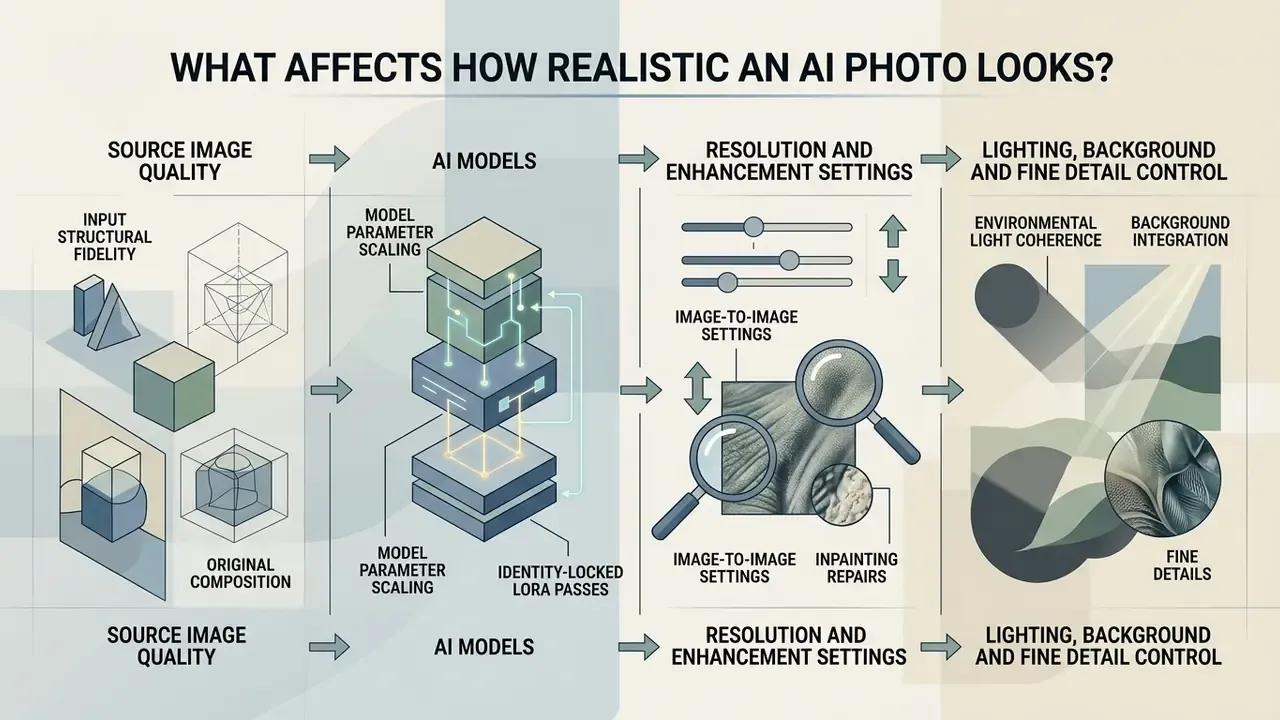 Diagram showing factors that make an AI photo more realistic including model scaling and lighting controls
